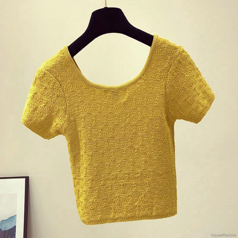 [Baywellfashion]Áo dệt kim tay ngắn phối nút thiết kế đơn giản hợp thời trang | BigBuy360 - bigbuy360.vn