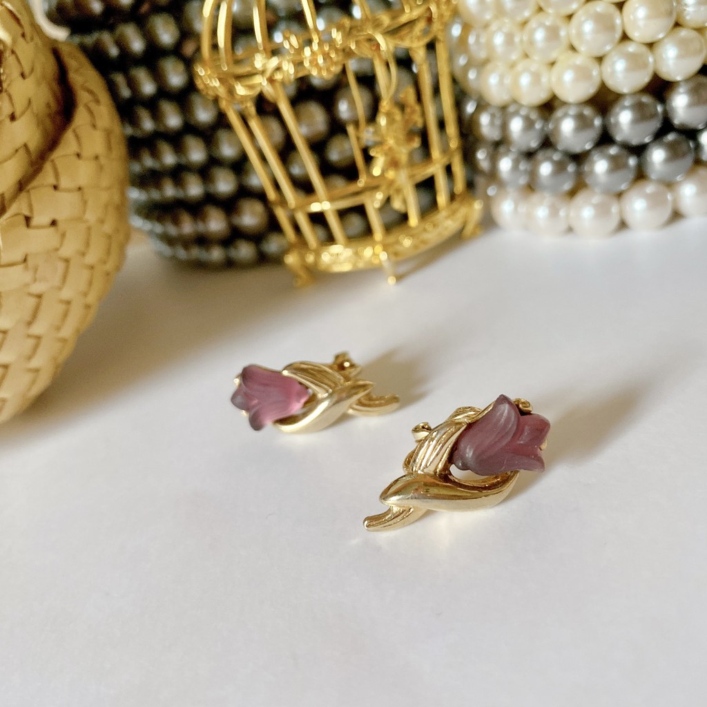 BÔNG TAI HOA ĐÁ TÍM VINTAGE SECONDHAND NHẬT BẢN BOU JEWELRY VINTAGE MÃ BT0010