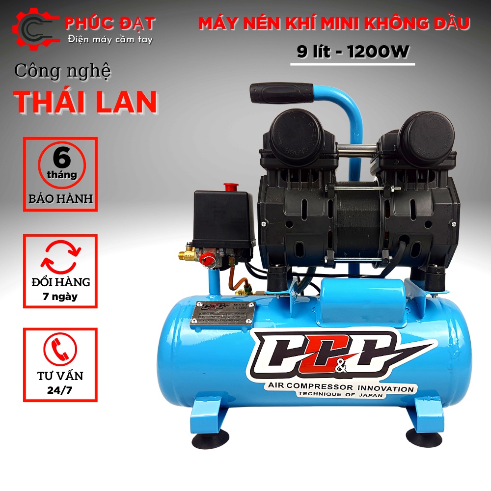 Máy nén khí mini không dầu, ít ồn, 9 lít 1200w chính hãng GGG, 2 van nạp khí 35s đầy bình chuyên dùng phun sơn, xì khô