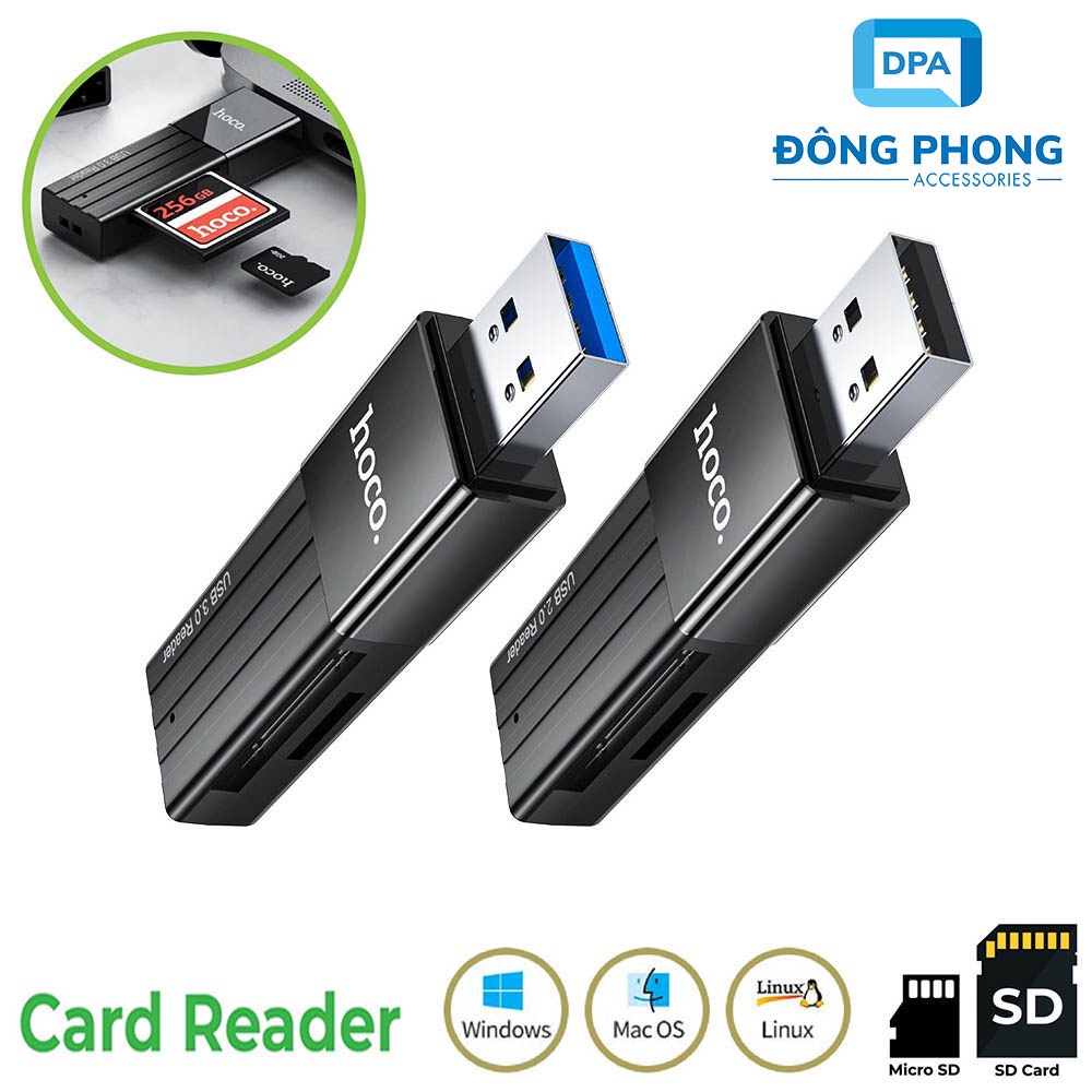 Đầu Đọc Thẻ Nhớ 3.0 / 2.0  Hoco HB20 Chính Hãng, Khe Cắm Thẻ SD &amp; Micro SD