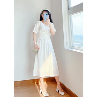 Đầm Trắng Cổ Tim Nhún Eo Xinh