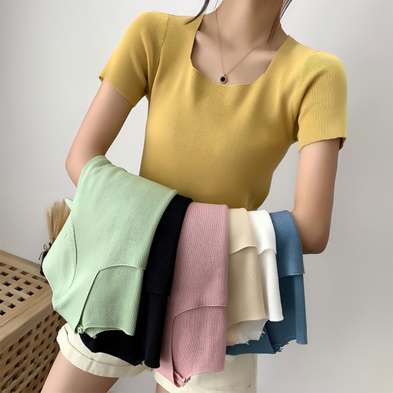 Áo Thun Dệt Kim Tay Ngắn Cổ Vuông Màu Sắc Đơn Giản Thời Trang Cho Nữ