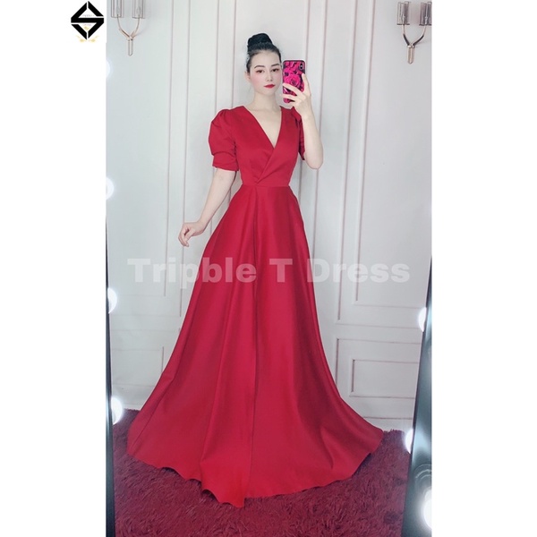 Đầm maxi cổ V đắp chéo tay phồng xẻ đùi có quần trong TRIPBLE T DRESS - MS183Y