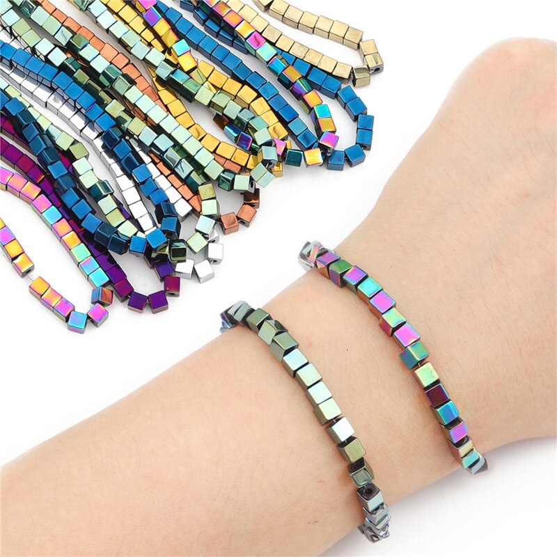 Hạt đá tự nhiên hematit khối lập phương mạ nhiều màu tráng gương dùng đồ trang sức 15&quot;