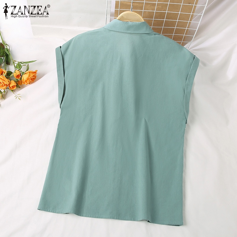 Áo sơ mi ZANZEA tay ngắn cổ bẻ màu trơn phong cách Hàn Quốc đơn giản dễ phối đồ dành cho nữ