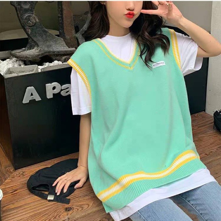Áo Gile Len Nữ Viền Màu, Áo Len Gile Thời Trang Họa Tiết Đơn Giản Kiểu Dáng Hàn Quốc Dễ Thương