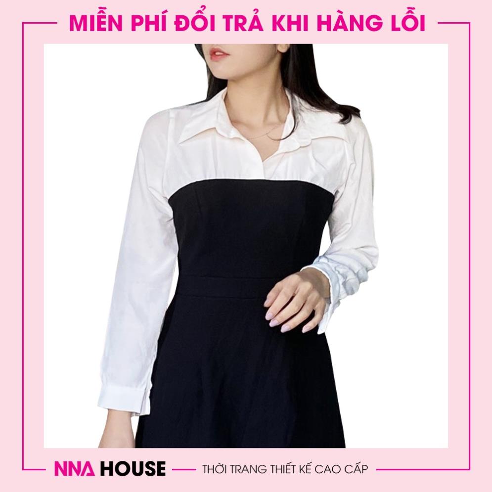 Váy đầm cổ sơ mi dài tay, đầm midi đen trắng - Váy nữ sinh đầm học sinh Polo cổ bẻ đi làm đi chơi NNAHOUSE Mã NA218 | BigBuy360 - bigbuy360.vn