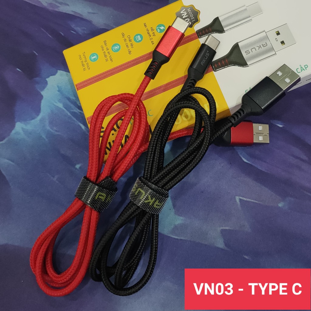 Cáp Sạc Nhanh TYPE C 2.4A 1M dây dù Akus VN03 ( Đen/Đỏ)v