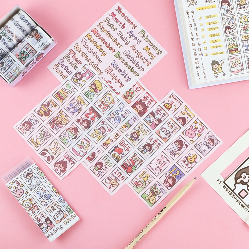 Bộ 4 tấm nhãn dán washi hình cô gái đi học hàng ngày trang trí cho sổ tay