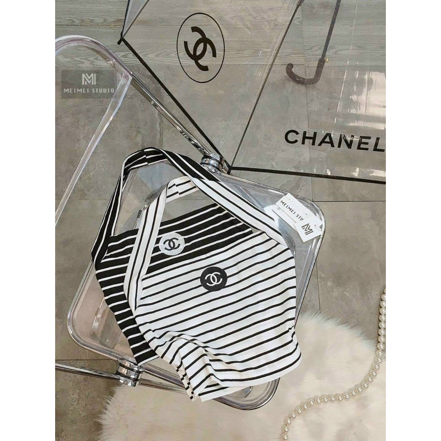 áo yếm thun gân thêu logo ngực chà neo sang kẻ sọc ngang