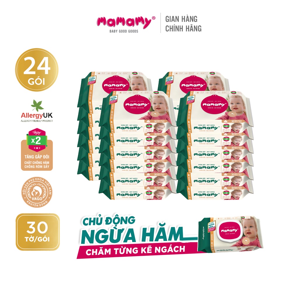 Combo 24 Khăn giấy ướt 30 tờ chủ động ngừa hăm/x2 chất ngừa hăm Mamamy Không mùi/Mùi dịu nhẹ an toàn cho bé