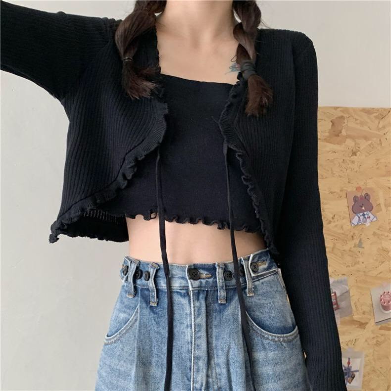 ❤ Mẫu Mới Giá Xưởng ✔  Set Cardigan Tăm Mỏng + Áo Quây Nữ Đen Trắng - Croptop Thiết Kế Dây Viền Bèo Tiểu Thư Ulzzang - S