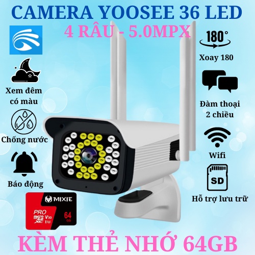 Camera Yoosee ngoài trời thân xoay 4 râu 36 led 5.0Mpx siêu nét,chống nuớc, xoay 180 độ,xem đêm có màu,bảo hành 12 tháng