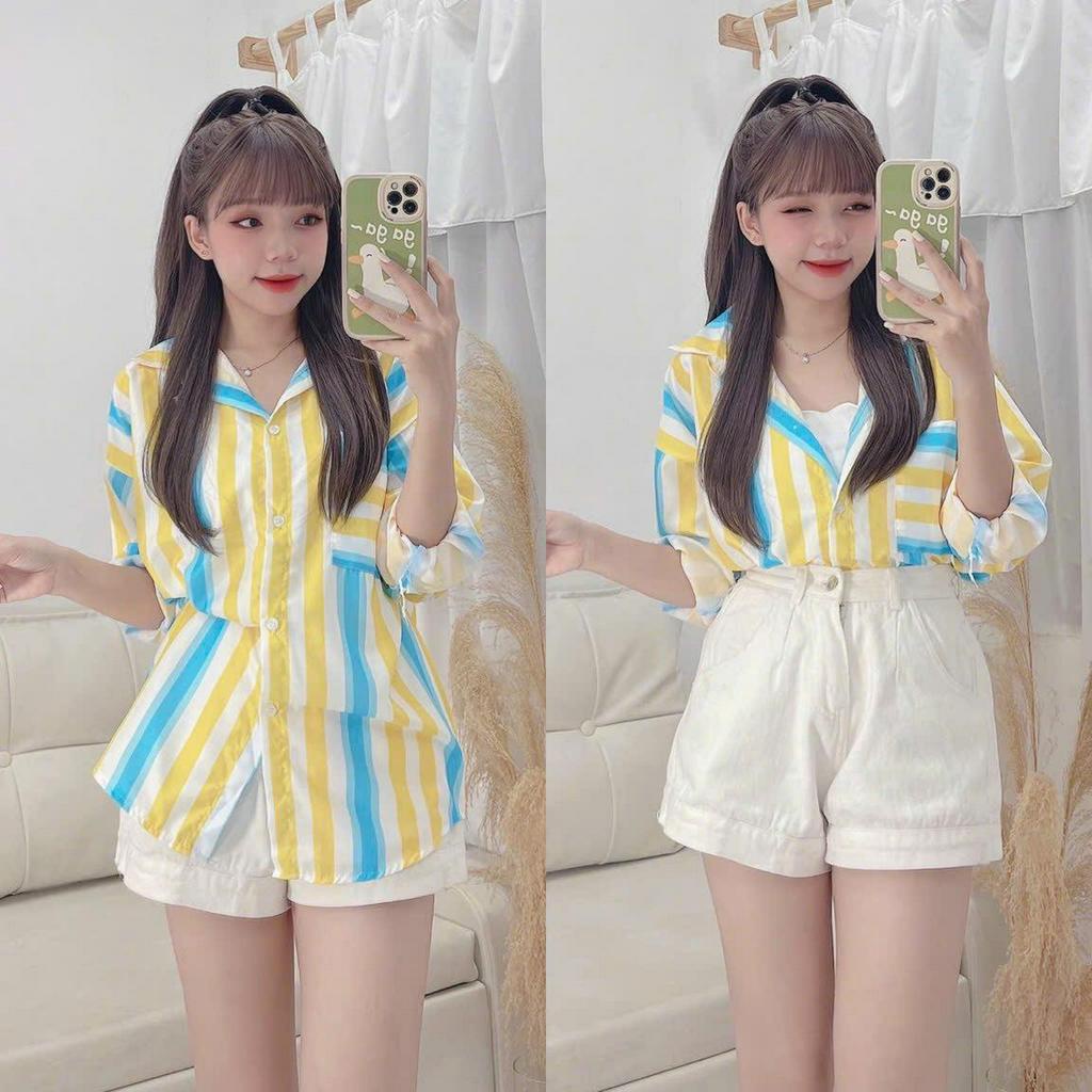 Áo Sơ Mi Sọc Phối Màu Tay Dài Có Túi