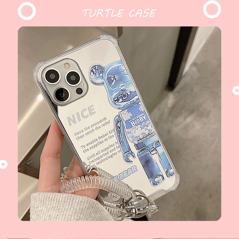 Ốp điện thoại tráng gương in hình gấu hoạt hình có dây đeo cho iPhone13 ProMax 11 12 Mini XS I8 I7 Plus