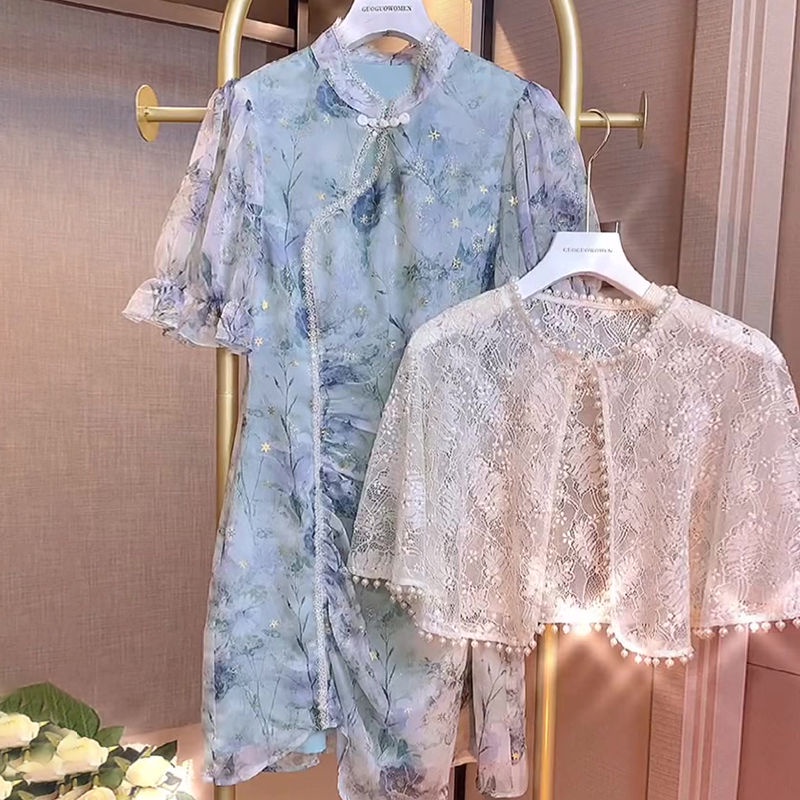 Seto with the same style online celebrity pearl cheongsam shawl summer high-end women wear a foreign style with a skirt