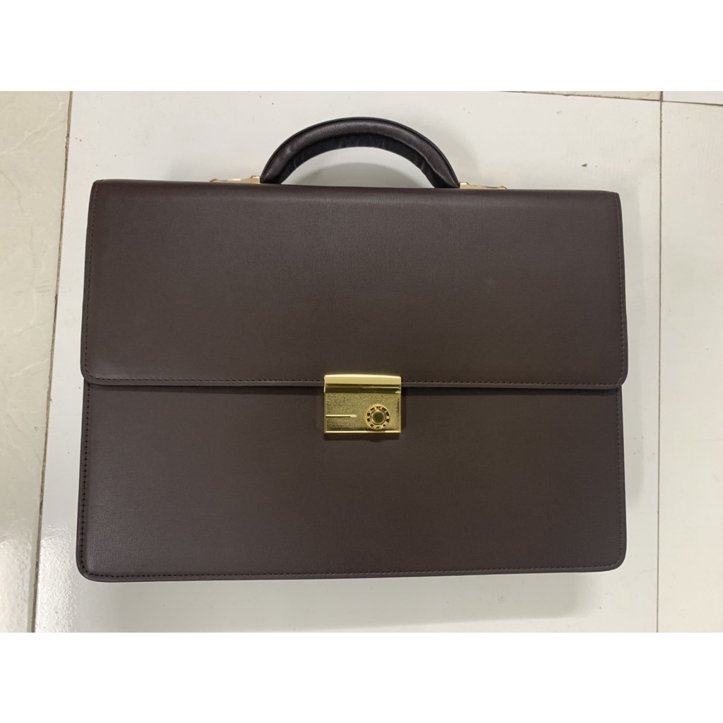Túi xách cặp da bò công sở khóa số T12 38x27x7cm đựng laptop 14inch (Nâu-Đen) | BigBuy360 - bigbuy360.vn