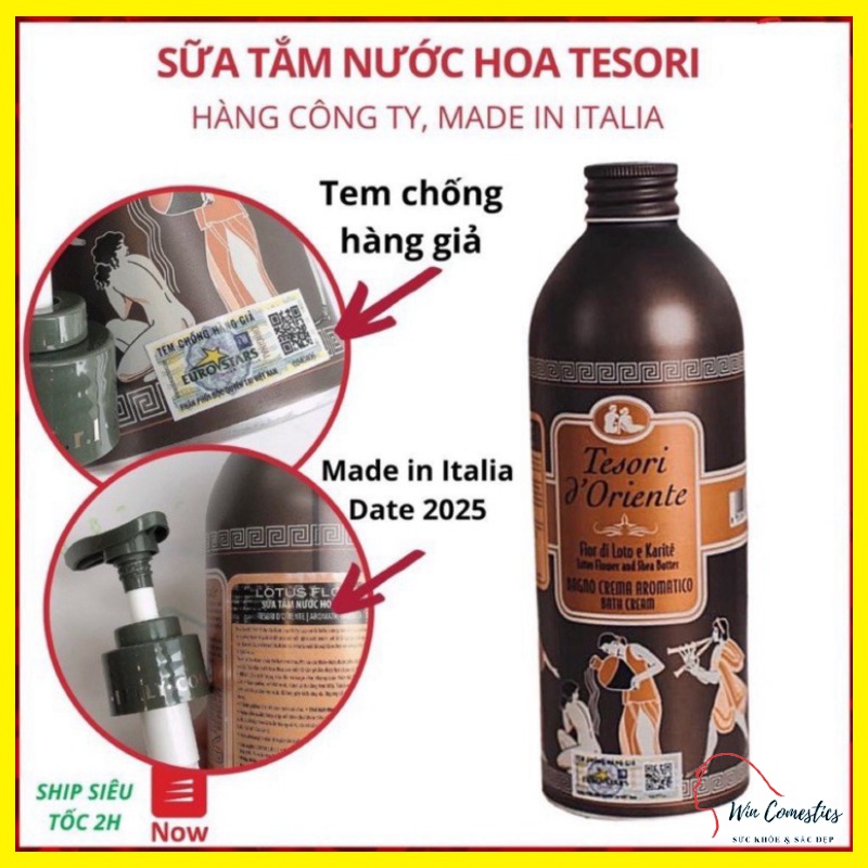 Sữa Tắm Nước Hoa Ý Tesori Mùi Hoa Sen Cấp Ẩm, Dành Cho Da Khô Và Lão Hóa 7ml - 250ml - 500ml Kèm Vòi