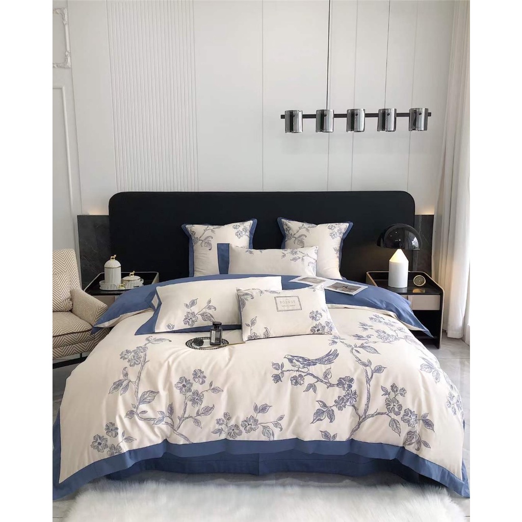 Bộ Chăn Ga Cưới Lụa 100s Thêu Hỷ Tước Cát Tường Luna Bedding