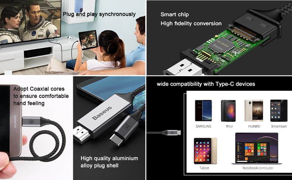 Baseus Dây Cáp Chuyển Đổi Cổng Usb Type C Sang Hdmi Cho Macbook Samsung Xiaomi Usb-C Hdmi 4k Hd