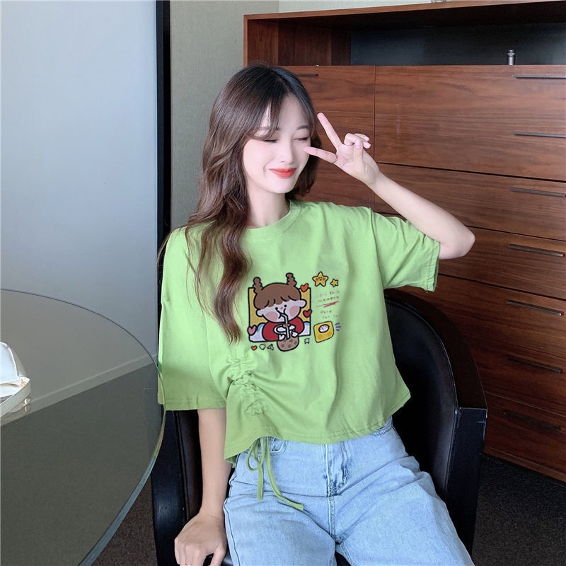 Áo Thun Ngắn Tay Dáng Rộng Eo Cao Phối Dây Rút Phong Cách Hàn Quốc Thời Trang Mùa Hè Dành Cho Nữ Sinh