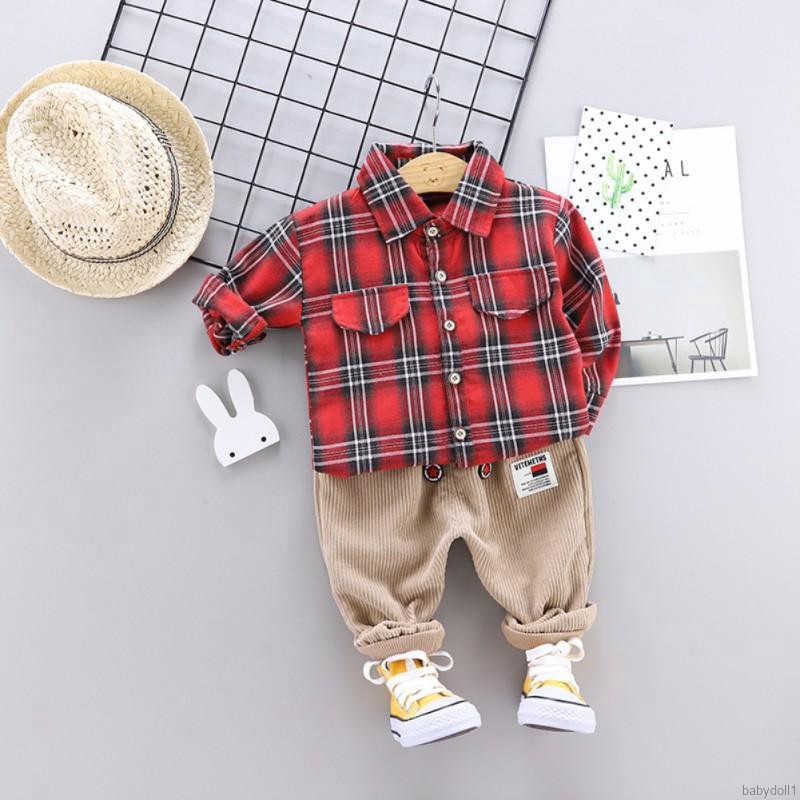 Bộ áo sơ mi dài tay sọc caro + quần dài cho bé trai