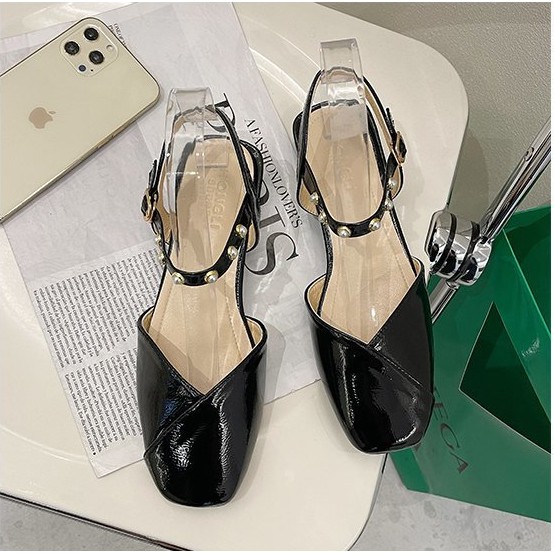 Giày sandal nữ bít mũi quai cài đính ngọc da bóng cao cấp cực xinh, búp bê nữ quai cài đi học, đi làm
