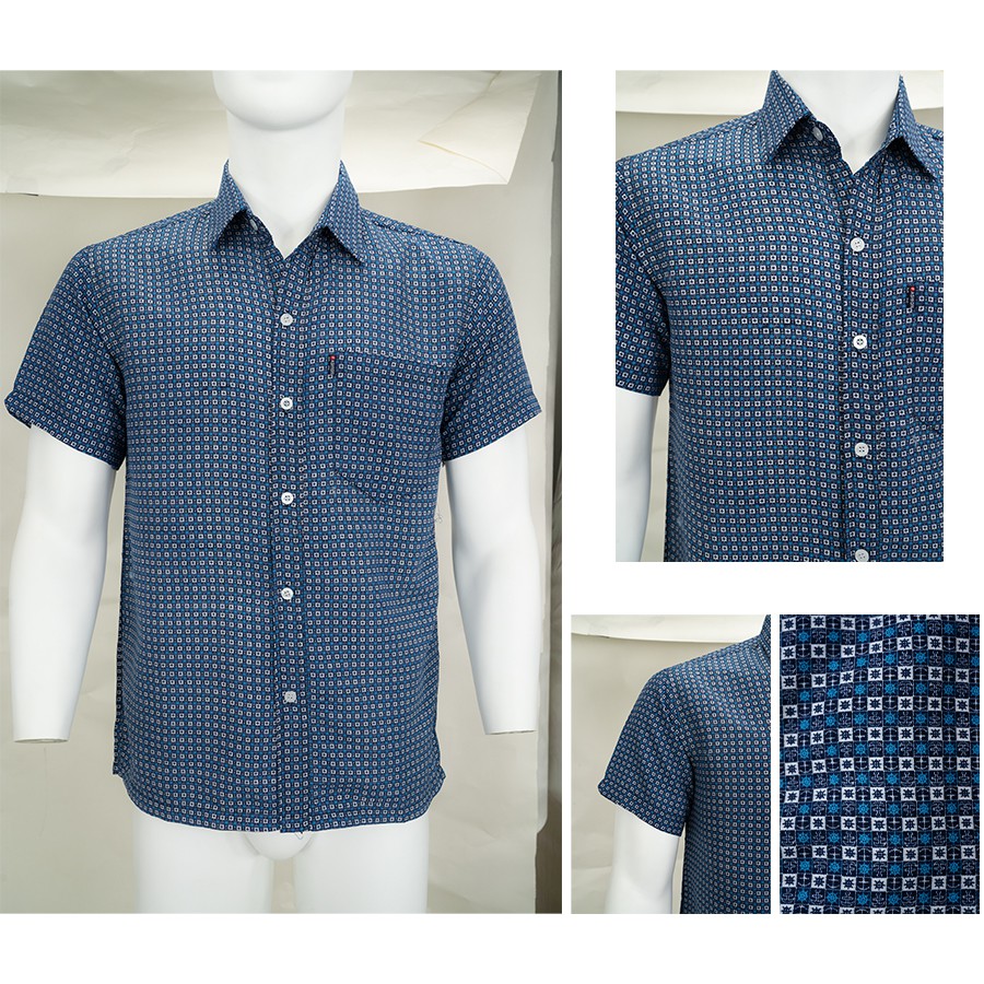 Áo sơ mi nam trung niên form rộng họa tiết ngắn tay vải cotton VN14D
