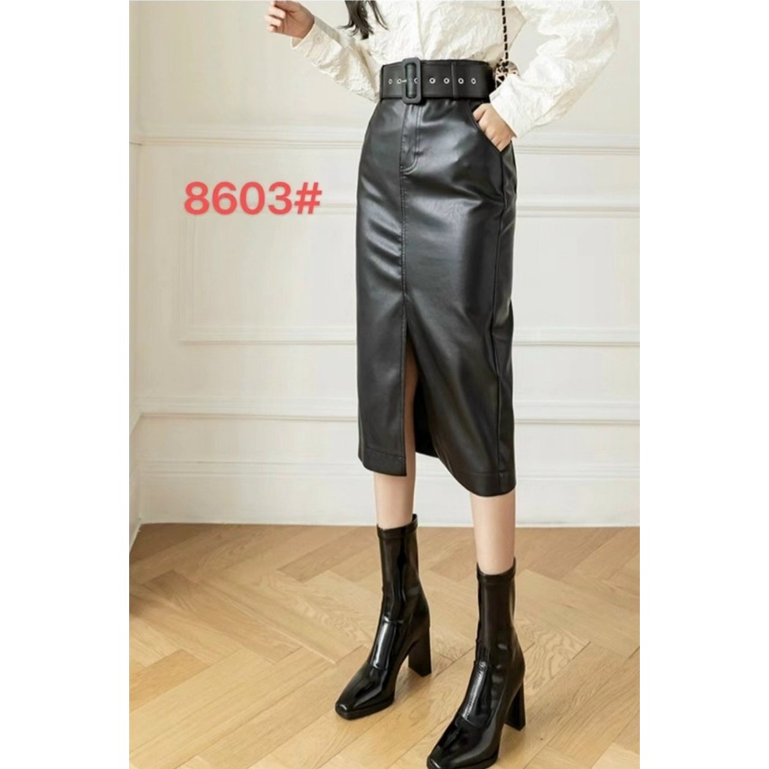 Chân váy da , dáng dài , xẻ trước , kèm đai, Hàng QC