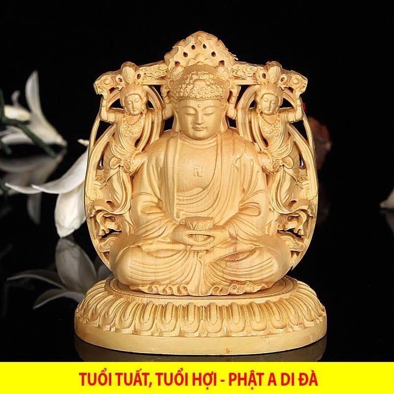 Tượng Phật bản mệnh đặt xe Ô Tô - Bàn làm việc gỗ Hoàng dương - tặng miếng dán và vòng tay