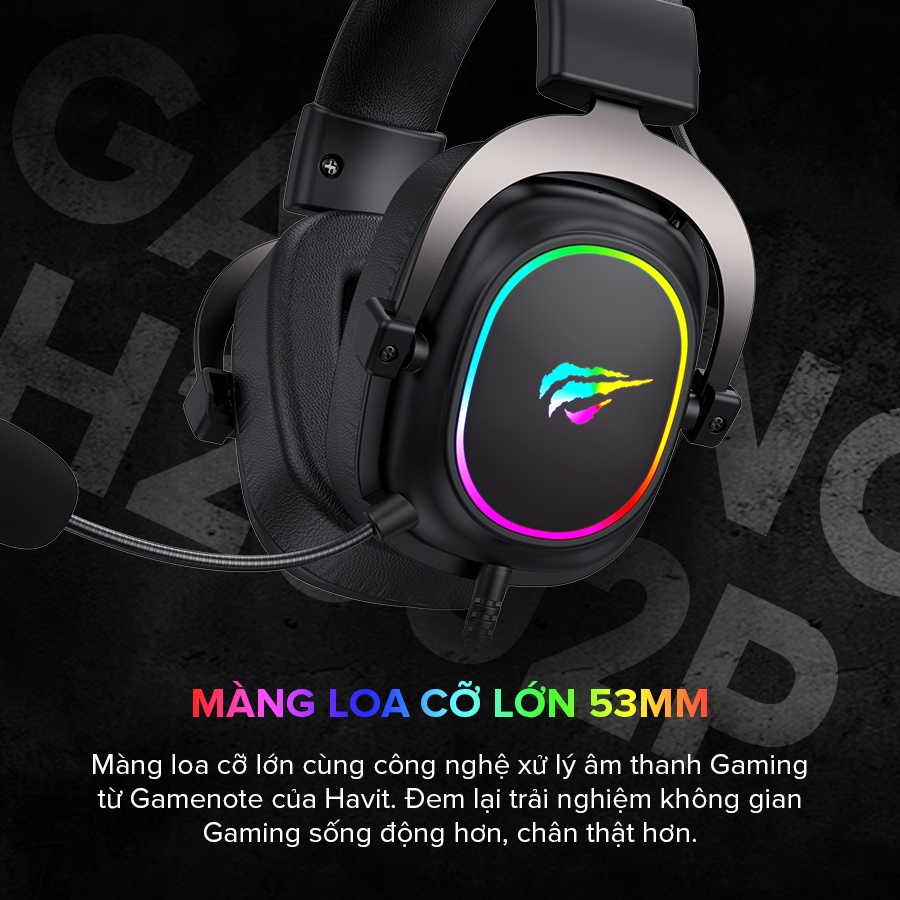 Tai Nghe Gaming Headphone HAVIT H2002P, Driver 53mm, Đèn RGB 36 Màu, Giả Lập 7.1 - Chính Hãng BH 12 Tháng Dizigear