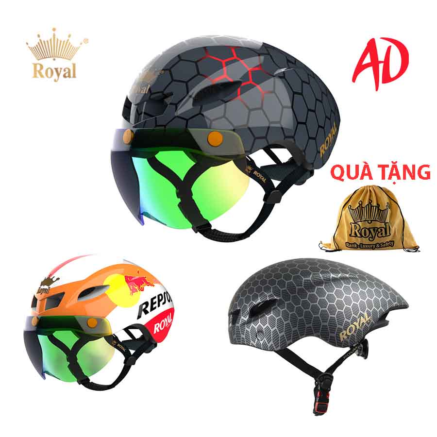 Nón xe đạp mẫu mã mới lạ mắt Royal md16 có kính hít giống poc 01, có nút tăng chỉnh vừa vòng đầu