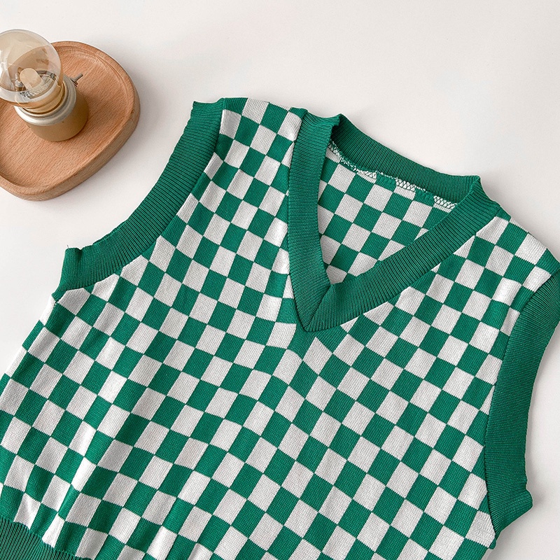 Áo len không tay cổ chữ v form rộng họa tiết sọc caro phong cách Hàn quốc