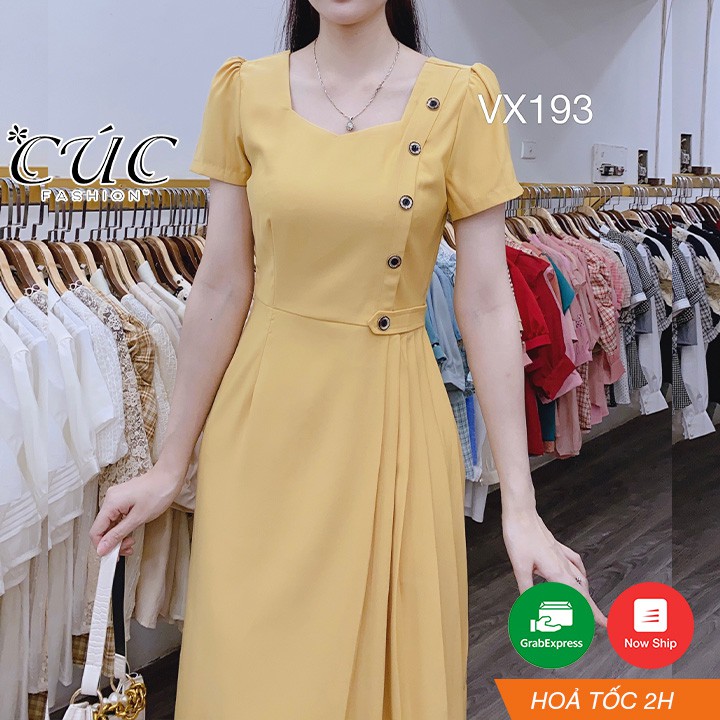 Váy dáng xòe liền thân công sở cao cấp Cúc Fashion VX193 váy 5 cúc dập ly