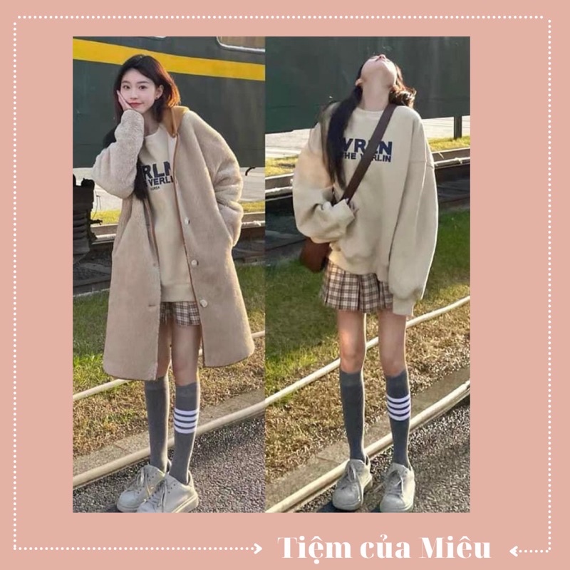 Set áo swt mix chân váy kẻ tennis Tiệm của Miêu màu nâu đất/ be | BigBuy360 - bigbuy360.vn