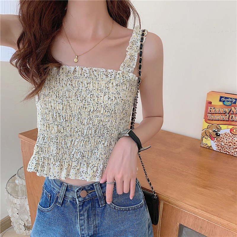 【ZHELIHANGFEI】 / Áo Hai Dây Họa Tiết Hoa Gấp Gọn Eo Hẹp Eo Quyến Rũ Cho Nữ