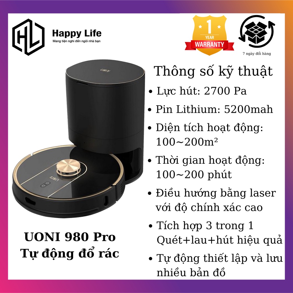 Robot hút bụi lau nhà thông minh , tự động đổ rác, thương hiệu Nhật Bản UONI V980 PLUS PRO, mặt lưng kính sang trọng