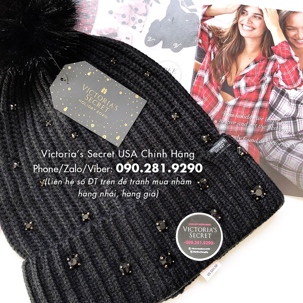 (53) Mũ len đen đính hạt cá tính thời trang, phong cách Mỹ - Hàng nhập Victoria's Secret USA