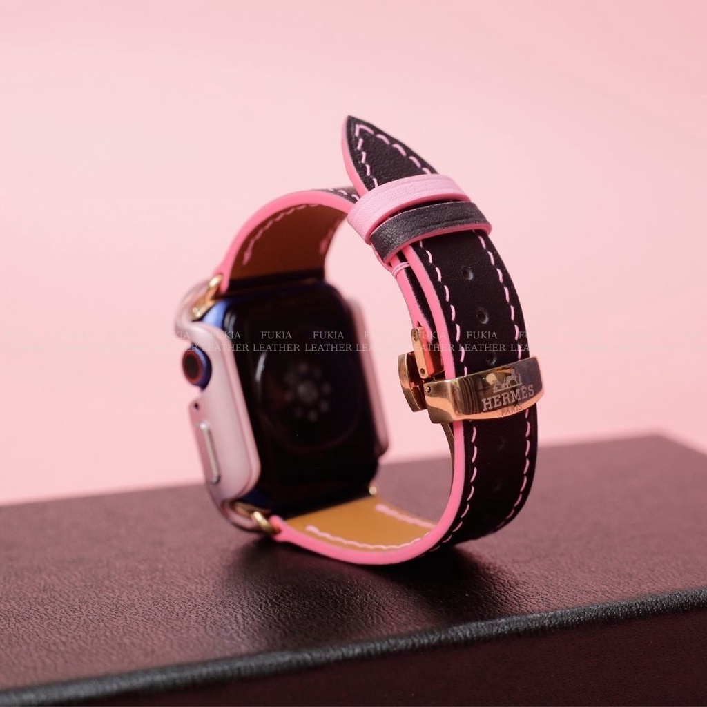 Dây da thủ công Swift Đen Mix Hồng dành cho Apple Watch, đồng hồ thông minh, đồng hồ cơ