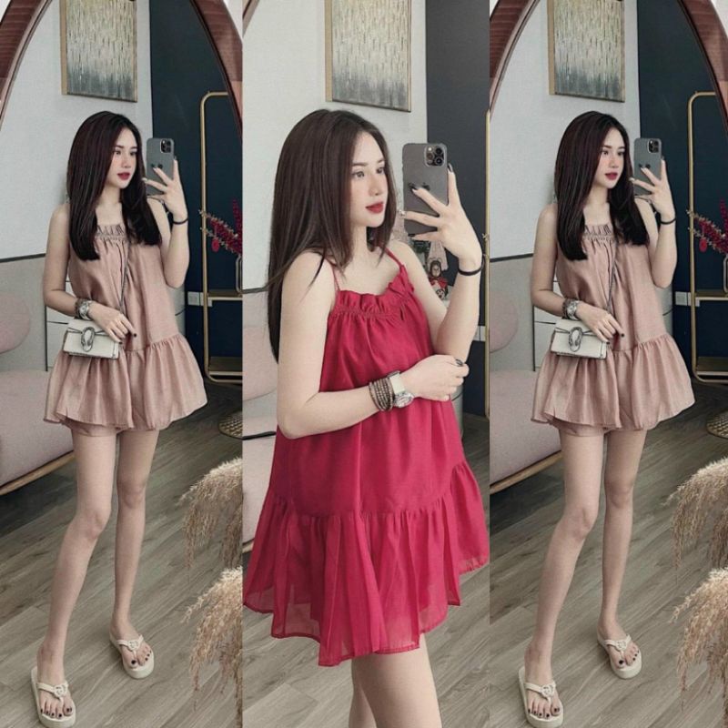 Set áo 2 dây bèo ngực chất tơ xước mix kèm quần sooc xinh xắn hai màu sang chảnh