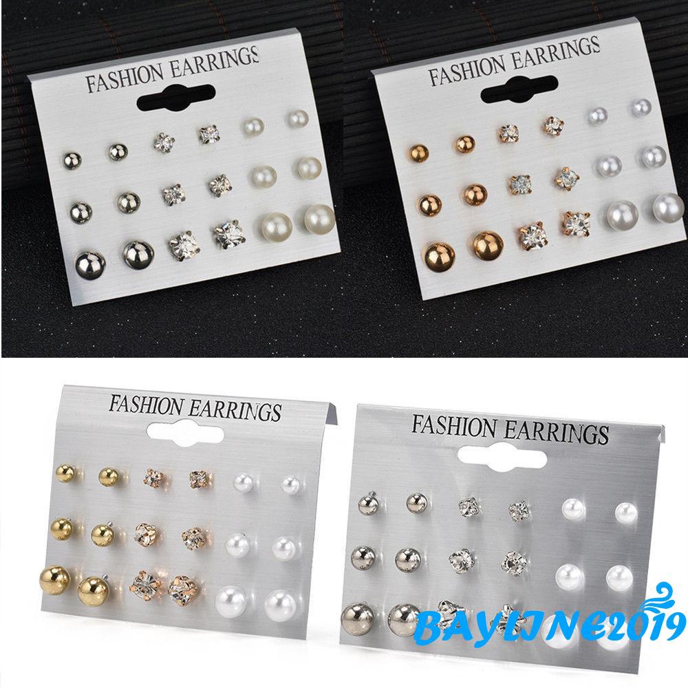 Set 9 đôi khuyên tai đính đá và ngọc trai thời trang thanh lịch dành cho nữ