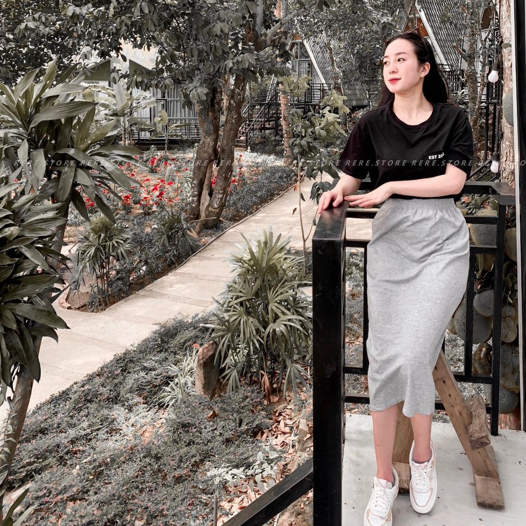 Chân Váy Dáng Dài Qua Gối Basic Nữ - Rere.Store [FREESHIP] - Đầm bánh bèo suông trơn cạp chun 2 màu ĐEN | XÁM Ulzzang | BigBuy360 - bigbuy360.vn