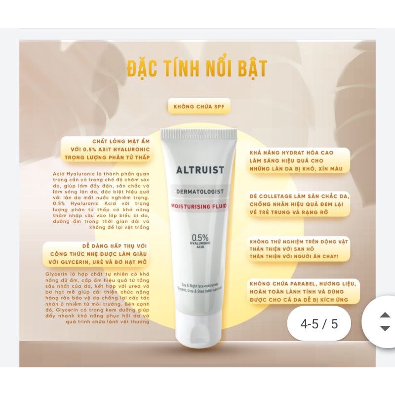Kem dưỡng Altruist Dermatologist Moisturising Fluid 0.5% Hyaluronic acid dưỡng ẩm phục hồi thanh lý
