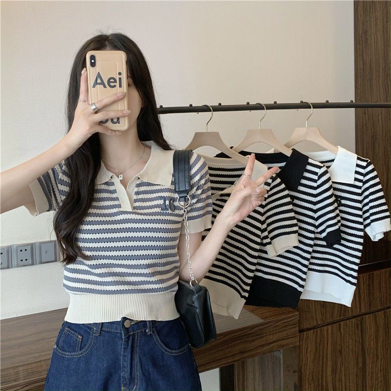 Áo Thun polo Dệt Kim Tay Ngắn Dáng Ôm Thêu Họa Tiết Kẻ Sọc Thời Trang Xinh Xắn Cho Nữ