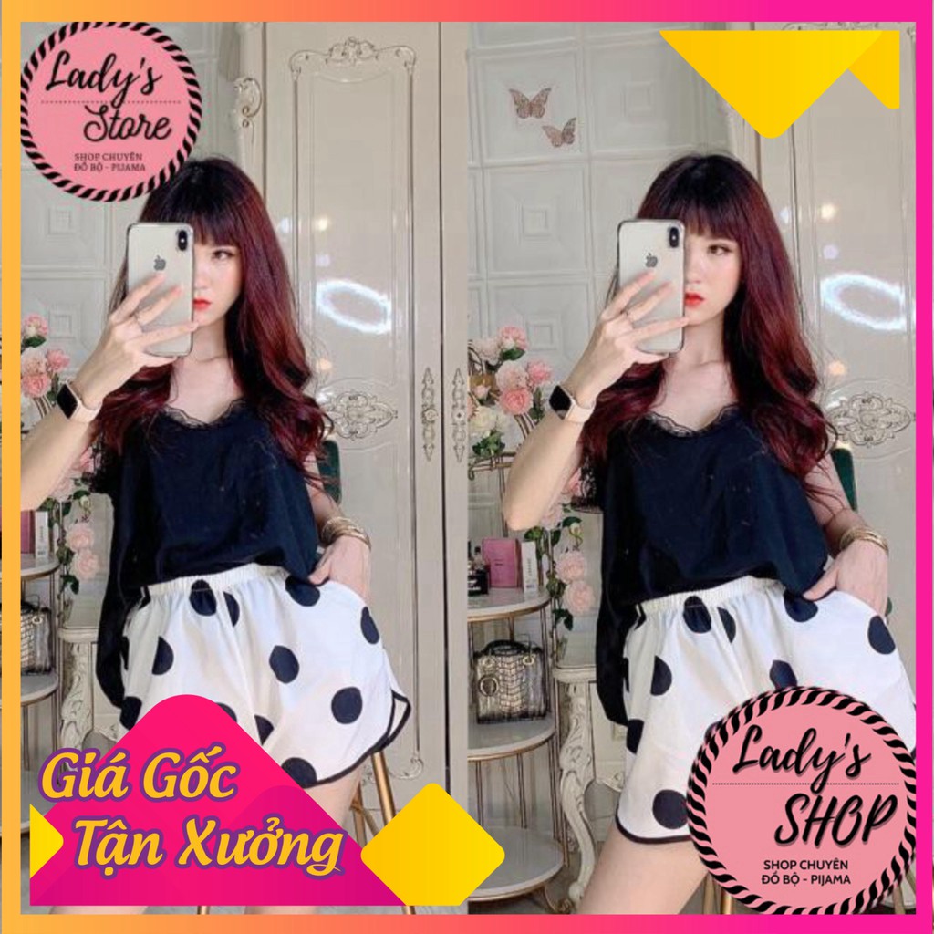 Bộ lụa ngủ☘️ Áo 2 dây lụa phối ren mix quần chấm bi