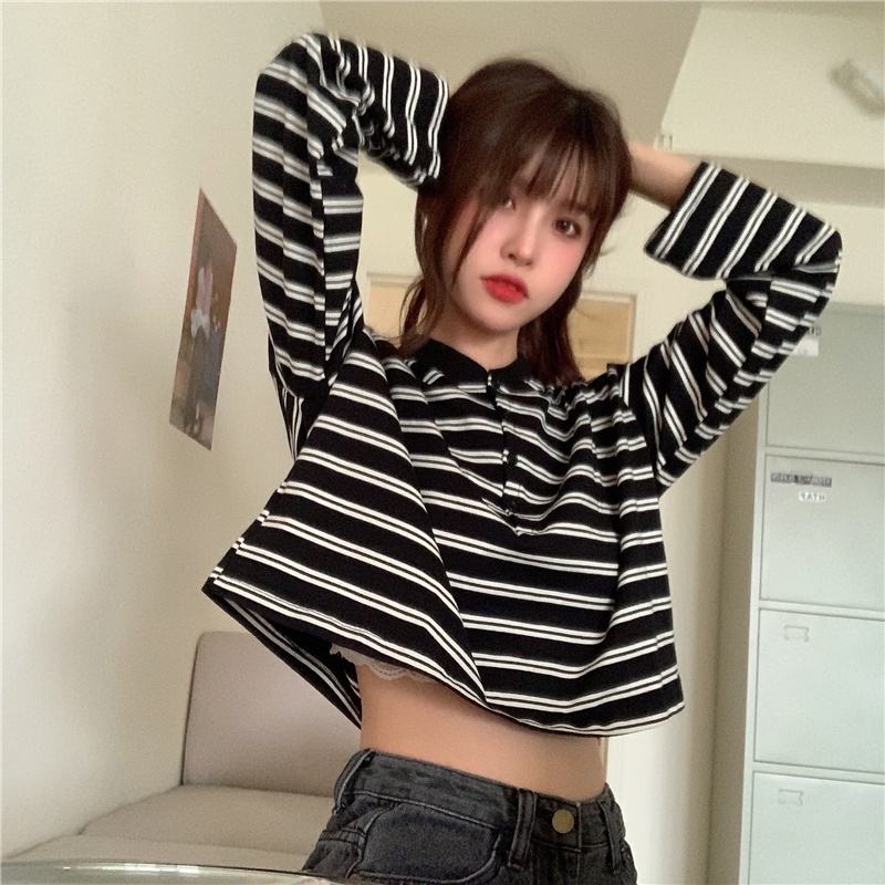 SUXI Áo polo Tay Dài Họa Tiết Kẻ Sọc Phong Cách Hàn Quốc Cổ Điển Thời Trang Cho Nữ