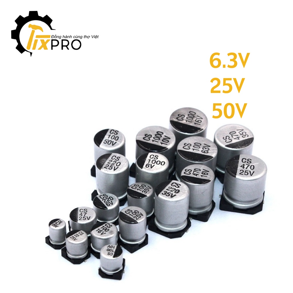 Tụ điện nhôm các loại 6.3V 25V 50V nhiều kích thước, chất lượng cao.