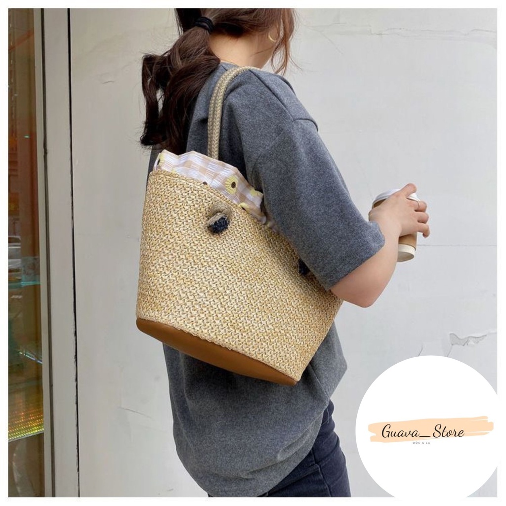 Túi Xách Nữ Túi Cói Đi Đeo Vai Trơn , Viền Hoa Phù Hợp Đi Biển Phong Cách Trẻ Trung