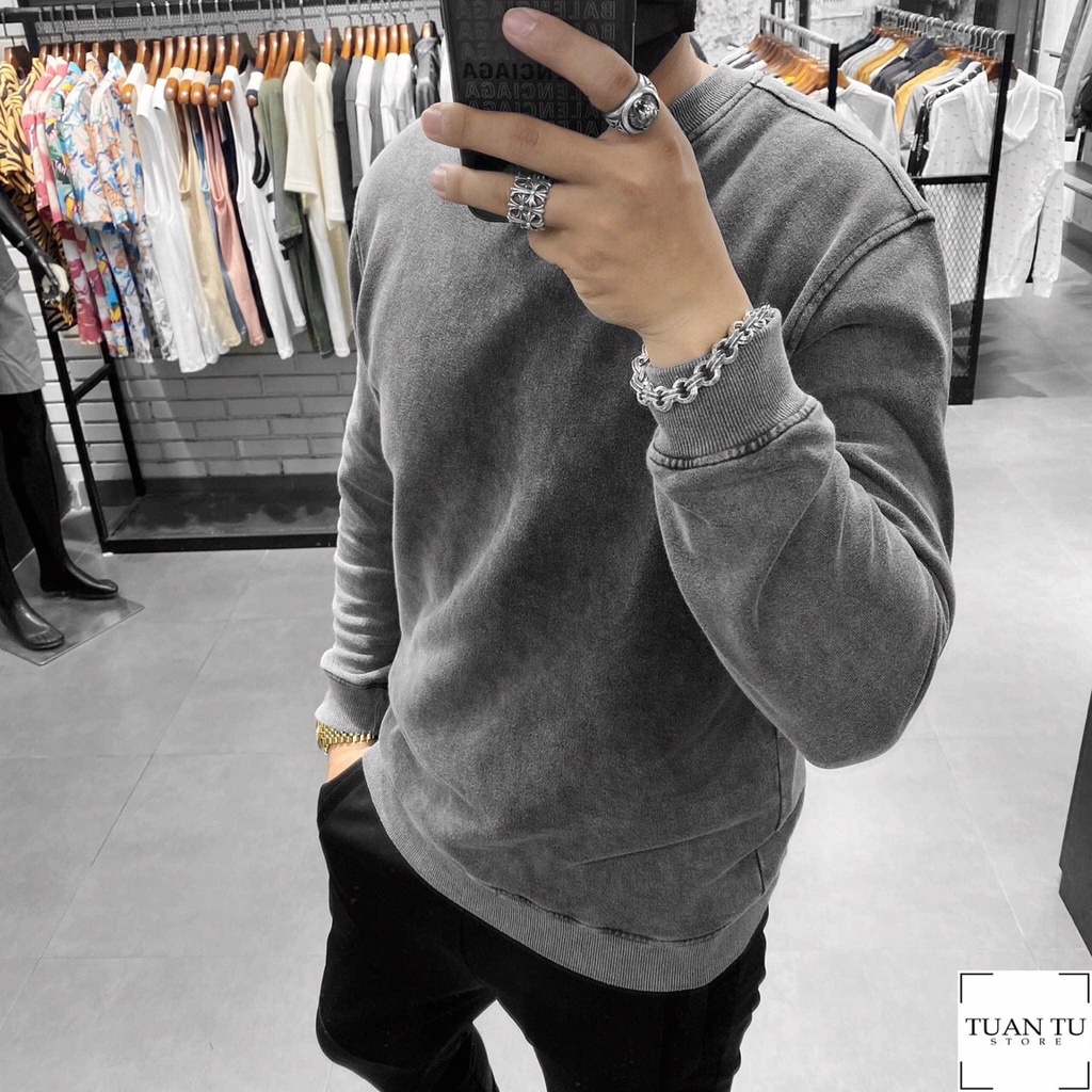 Aó nỉ nam dài tay Sweater Wash BTM (form slim,chất nỉ cao cấp wash xám,ấm áp giữ nhiệt)