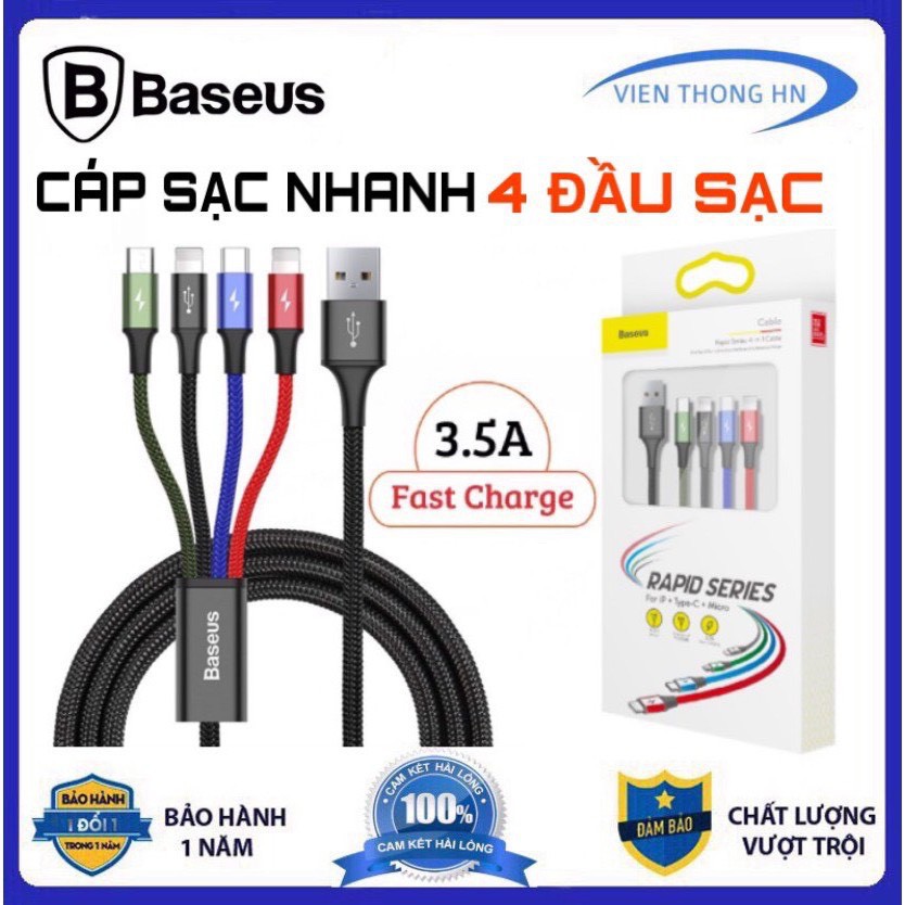 Cáp Sạc Đa Năng ⚡ FREESHIP ⚡ Cáp Sạc Nhanh 3.5A 4 Đầu Baseus Rapid ( 2 Lighning, 1TypeC,1 Micro) -BH 12 THÁNG